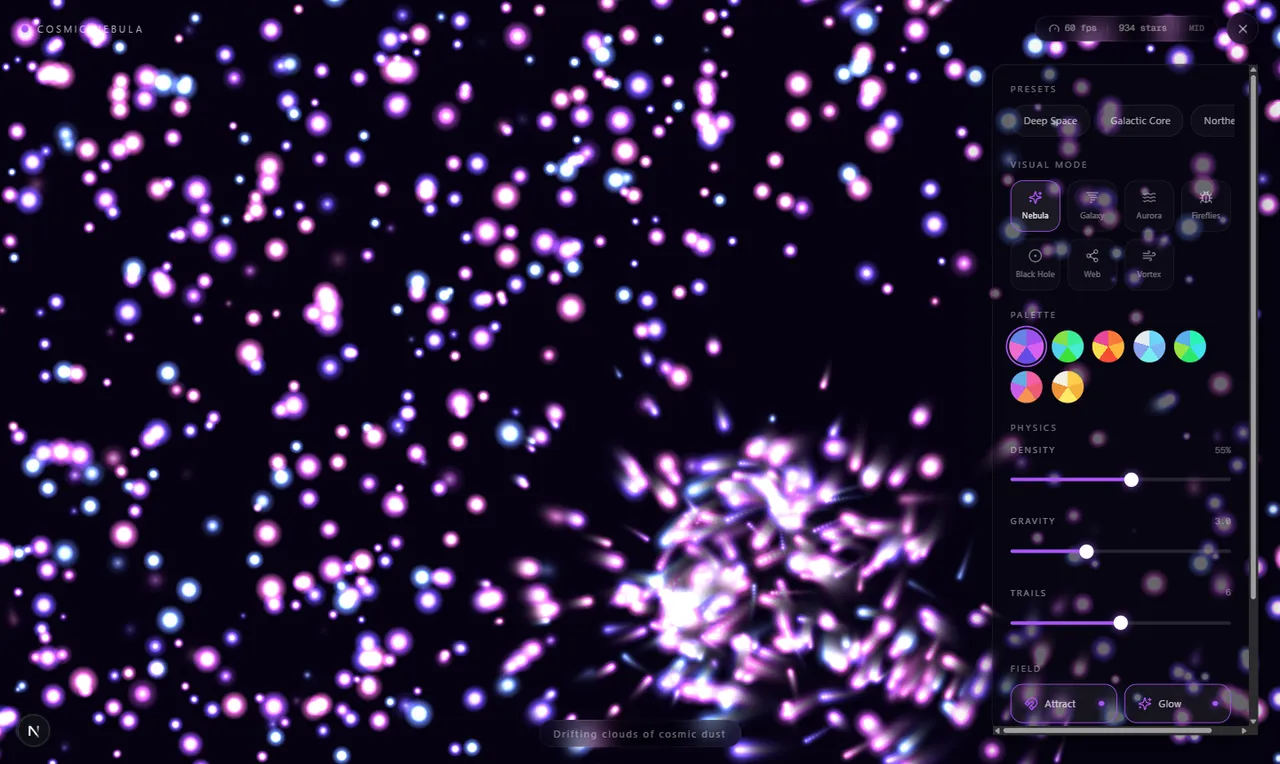 Cosmic Nebula, An interactive particle universe: your cursor is gravity, a tap ignites a supernova.